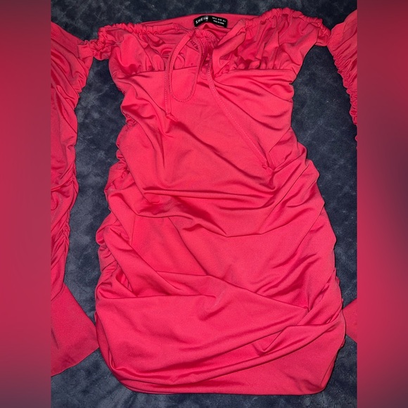 SHEIN Off Shoulder Backless Flounce Sleeve Ruched Bodycon Dress Hot Pink Medium - Picture 4 of 6